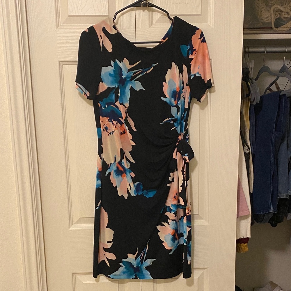 AUW Black Mini Dress with Blue & Peach Floral Print